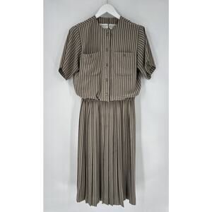 Vintage Liz Roberts Shirt Dress Womens Small Beige White Striped Ruffle Casual
